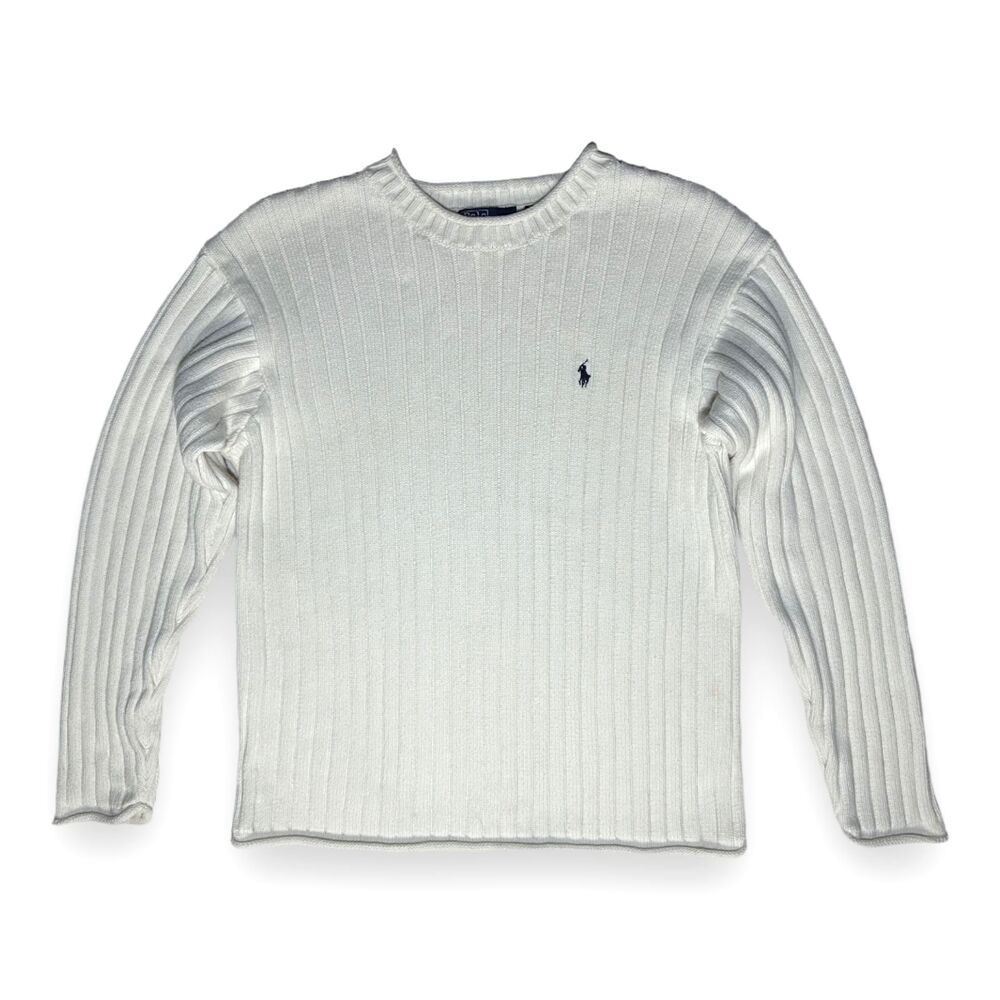 Vintage 90s MADE IN JAPAN Polo Ribbed Sweater L Ivory Fisherman Short Fit